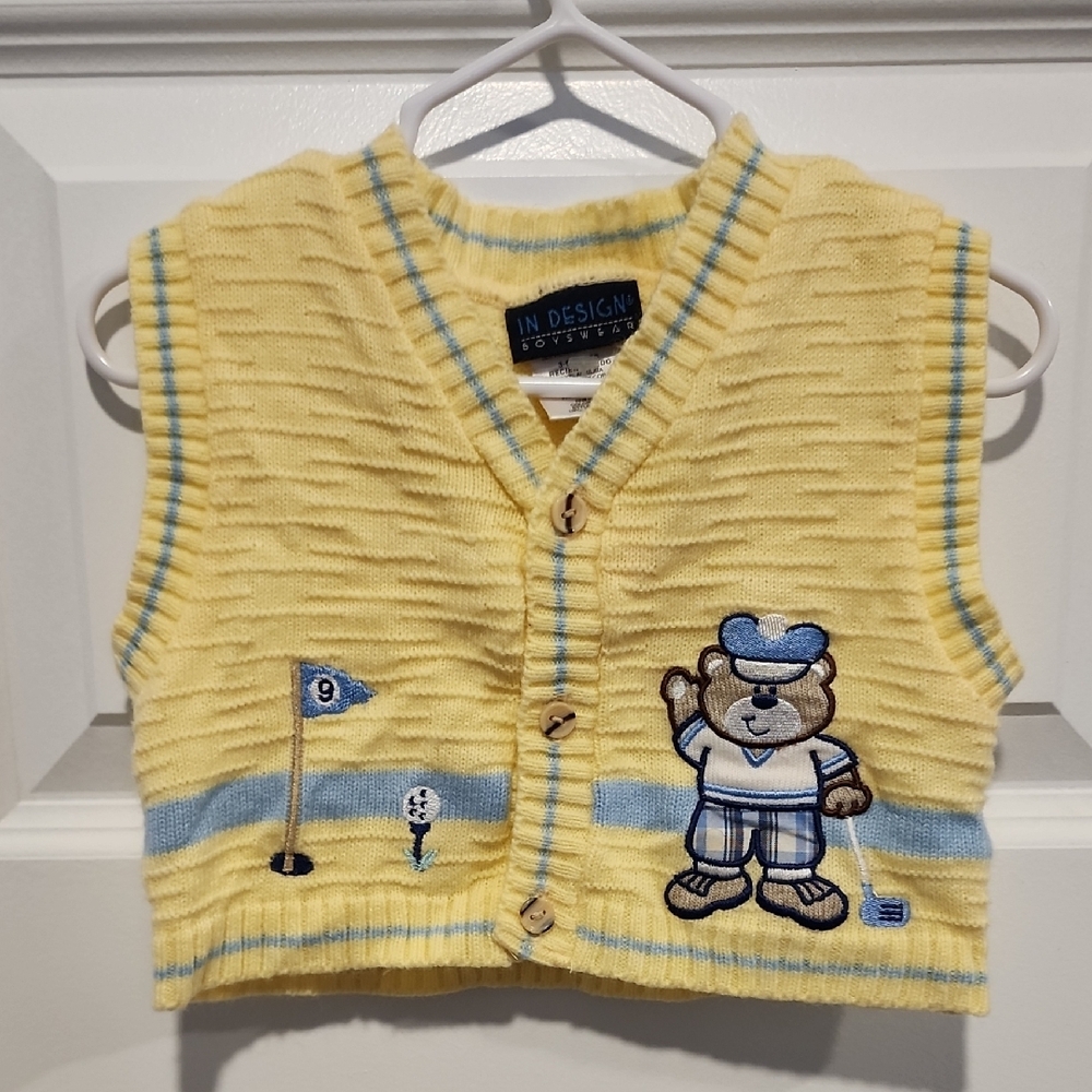 In Design Yellow and Blue Knit Sweater with Sporty Accents. Vintage Sweater Vest